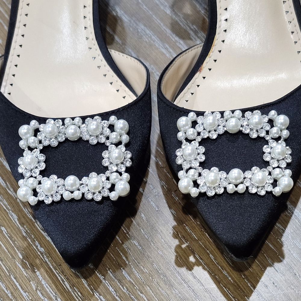 Adrienne Vittadini Black Satin Slingback Heels with Pearl Embellishment - Picture 5 of 9
